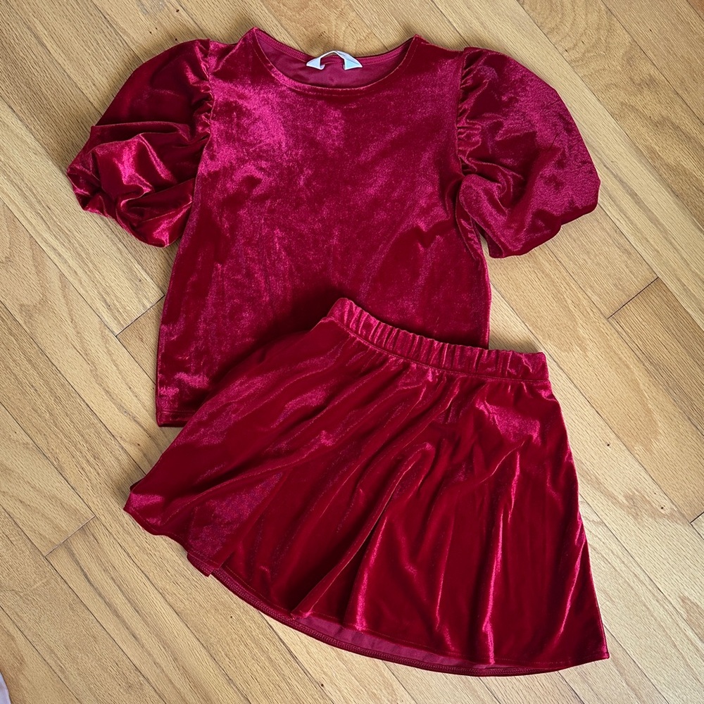 H&M Red Velvet Puff Sleeve Top and Skirt Set Christmas Outfit